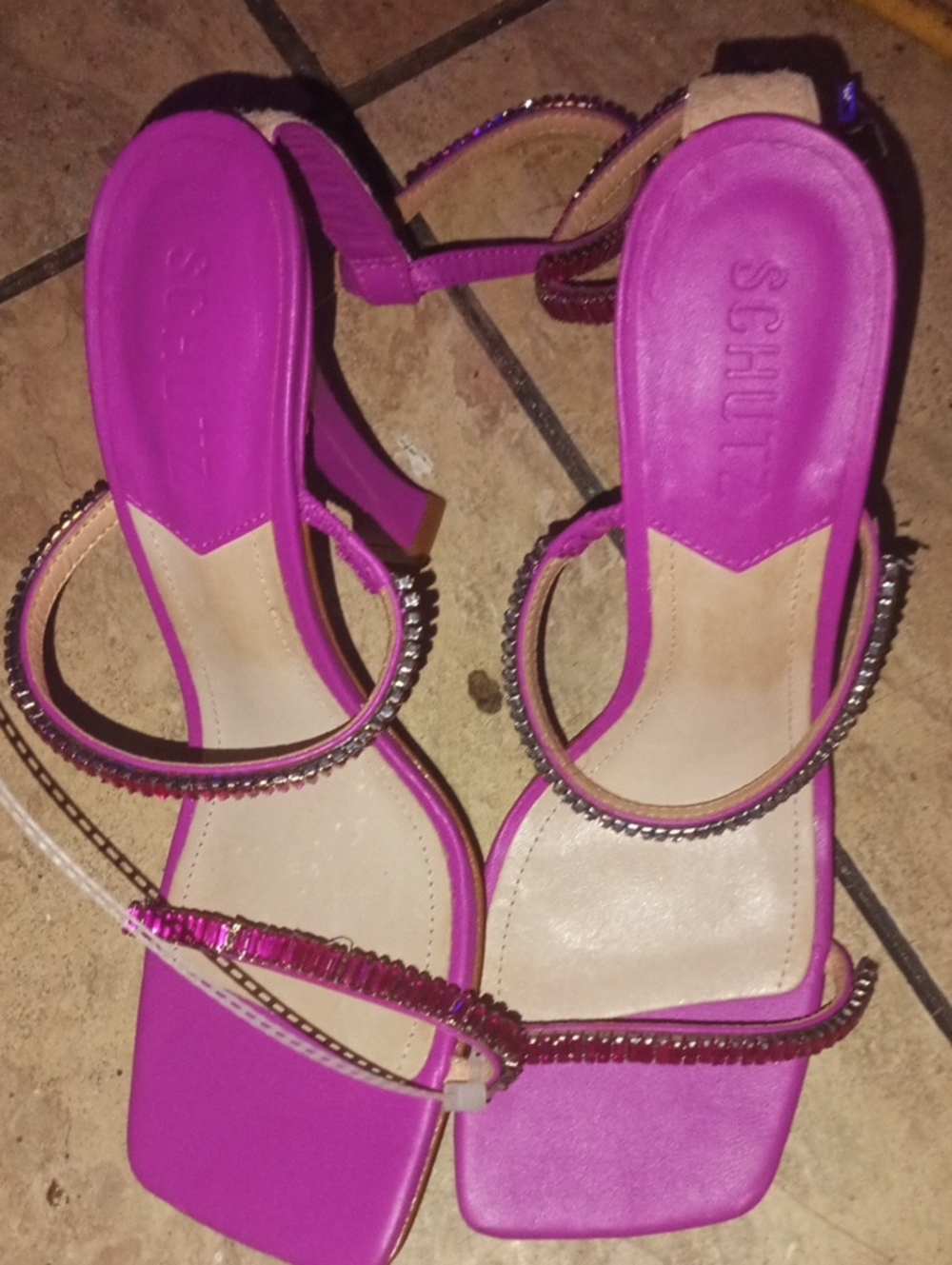 SCHUTZ Hot Pink Rhinestone Strap Block Heel Sandals